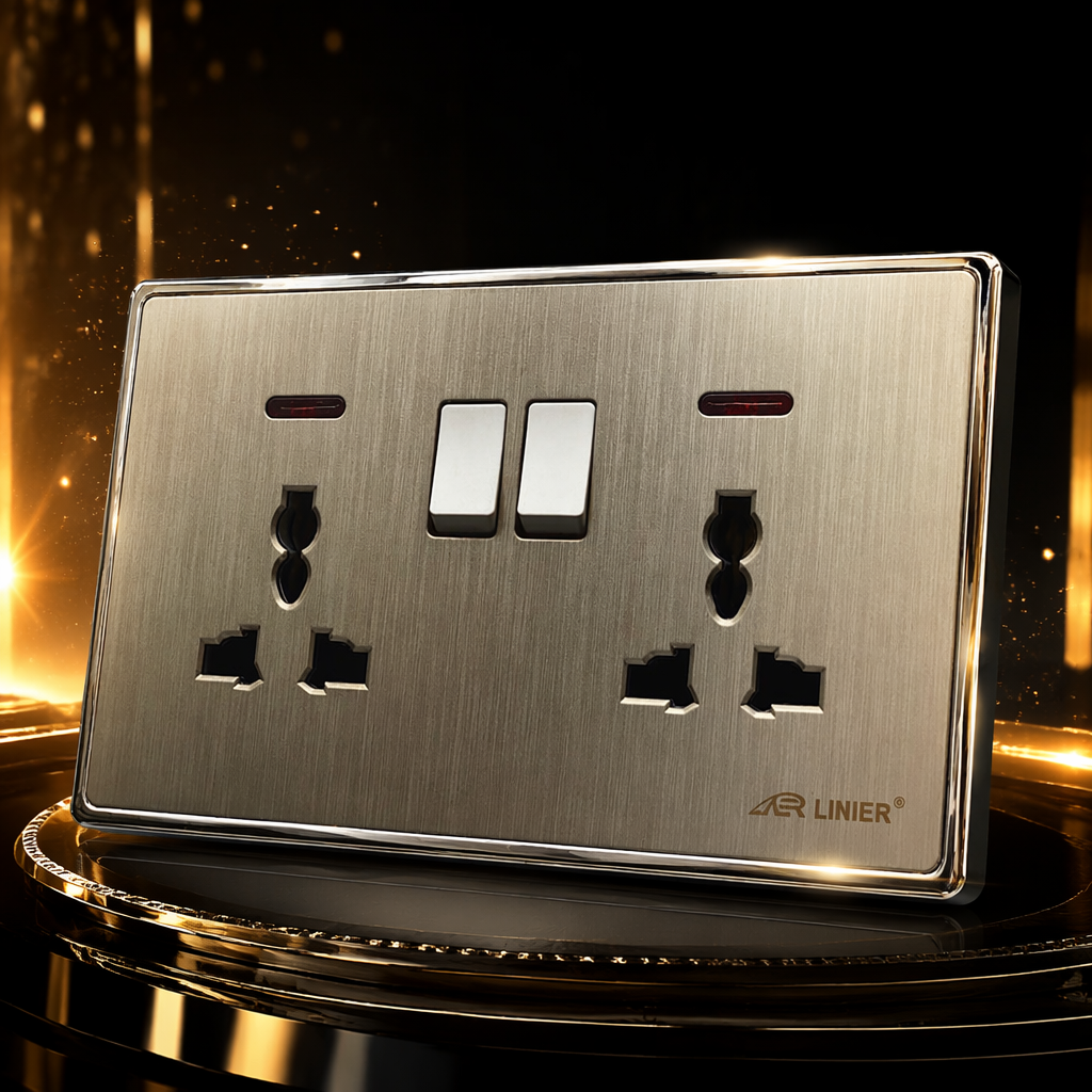 F4 Gold brushed dual 13A multi-functional wall socket, suitable for living room and bedroom, splash-proof and waterproof, exclusively for export Specification image