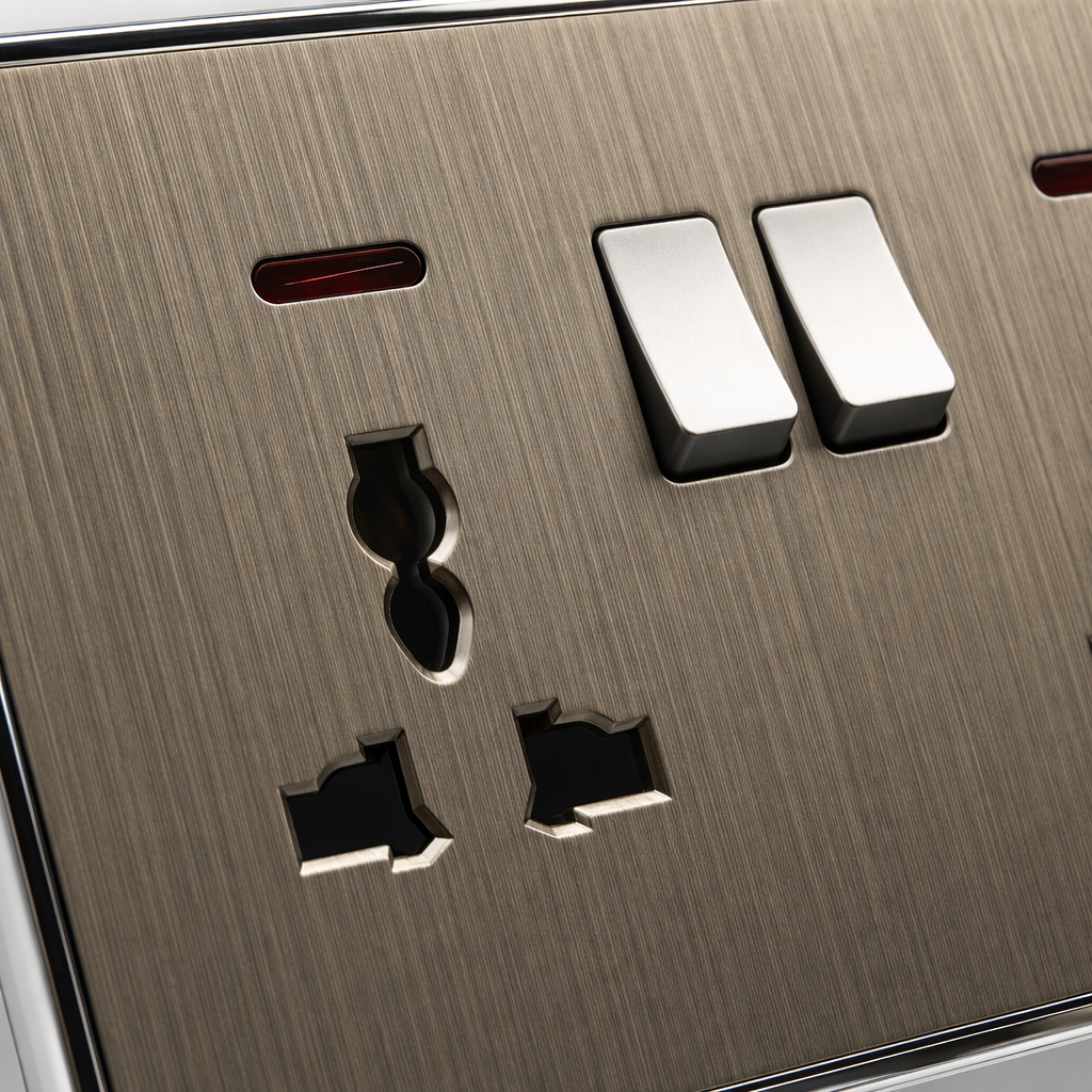 F4 Gold brushed dual 13A multi-functional wall socket, suitable for living room and bedroom, splash-proof and waterproof, exclusively for export Application Scenario