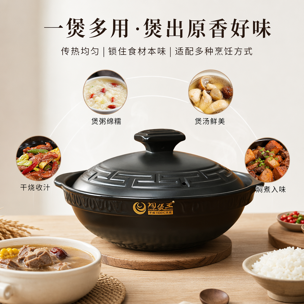 The black earthenware pot with a lid and double-ear design is a household stew pot that can withstand high temperatures