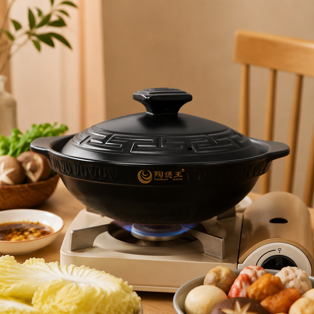 The black earthenware pot with a lid and double-ear design is a household stew pot that can withstand high temperatures details Picture