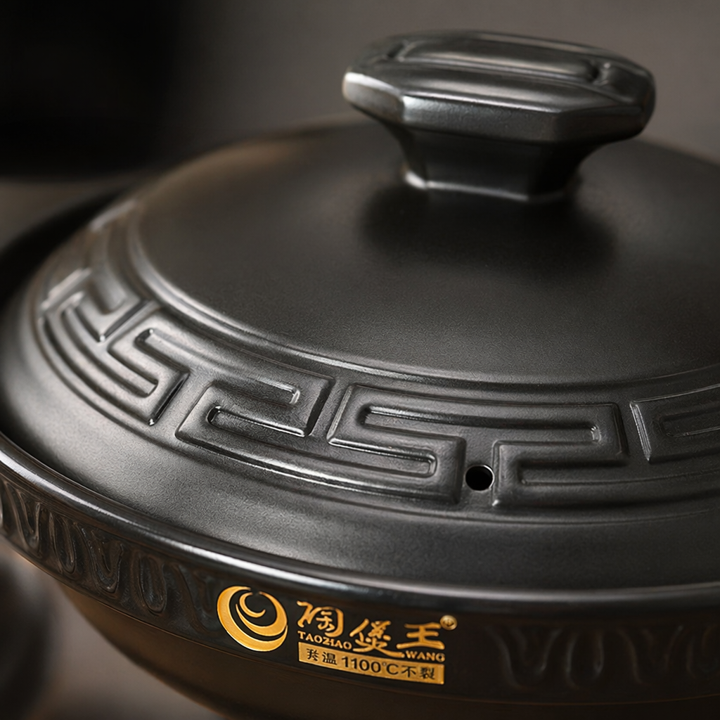 The black earthenware pot with a lid and double-ear design is a household stew pot that can withstand high temperatures Application Scenario