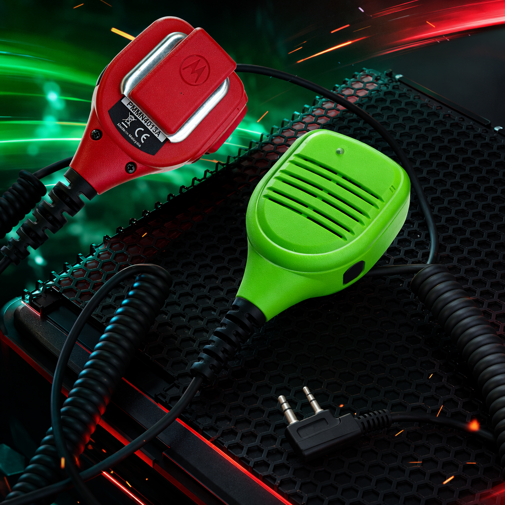 MOTOROLA PMMN4013A green walkie-talkie microphone with black spiral wire dual-pin plug Specification image