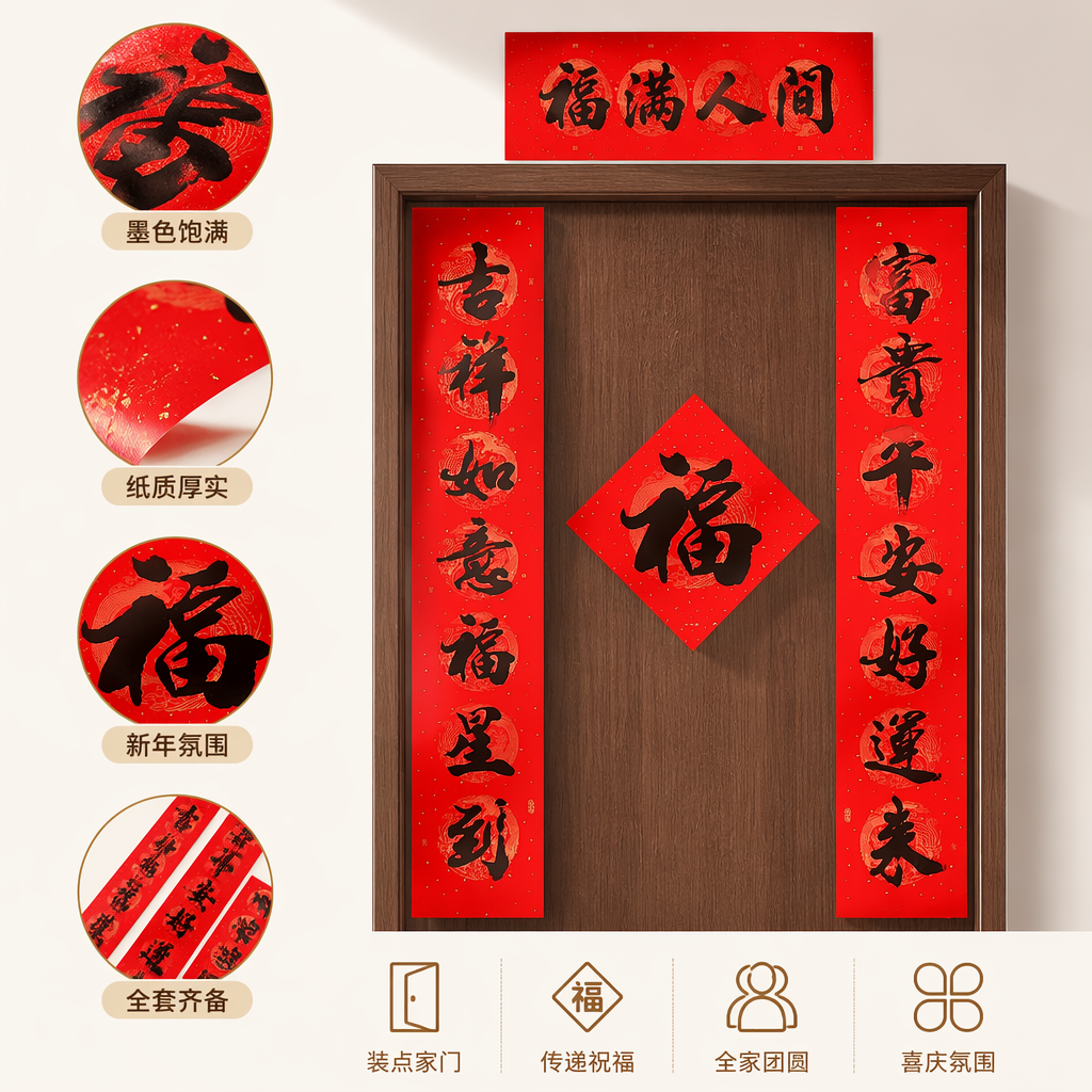 红色春联福字书法套装 吉祥如意福星到富贵平安好运来五福临门福字横批配金摆件