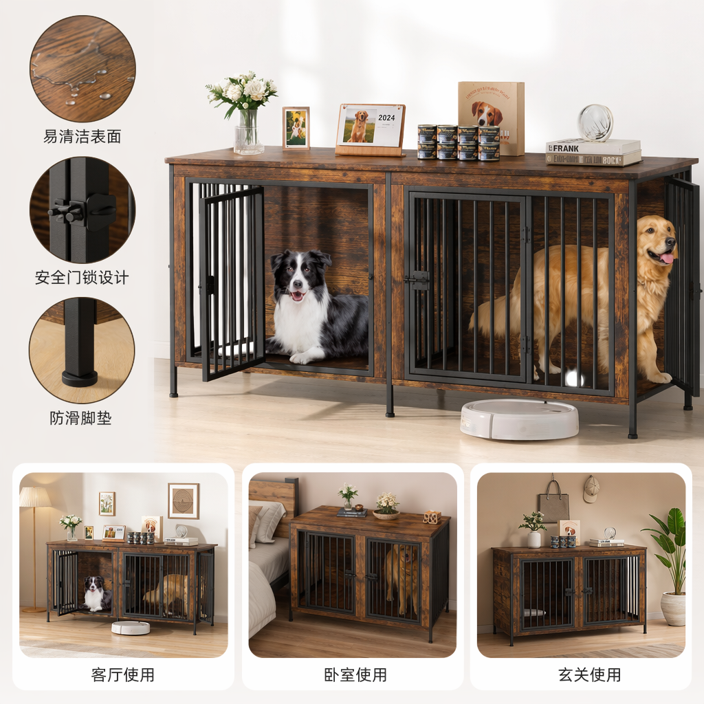 木质狗笼 双犬适用 加厚稳固宠物笼子 两只狗可同时使用