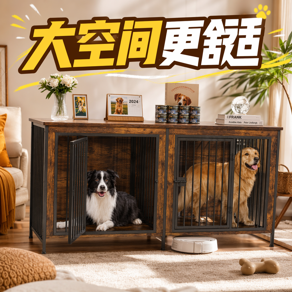 Wooden dog cage for two dogs, thickened and stable pet cage, can be used by two dogs at the same time Specification image