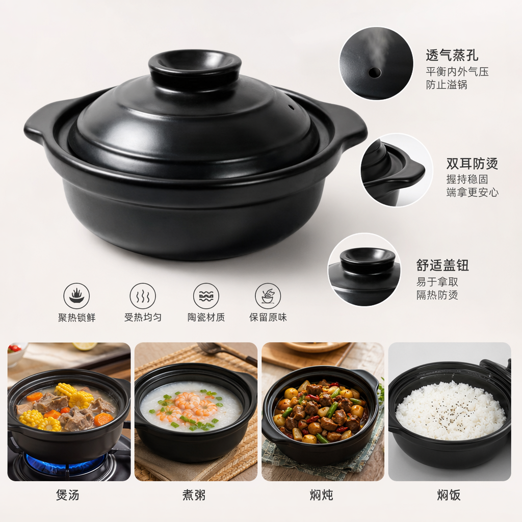 黑色砂锅家用炖锅陶瓷煲汤锅耐高温无涂层
