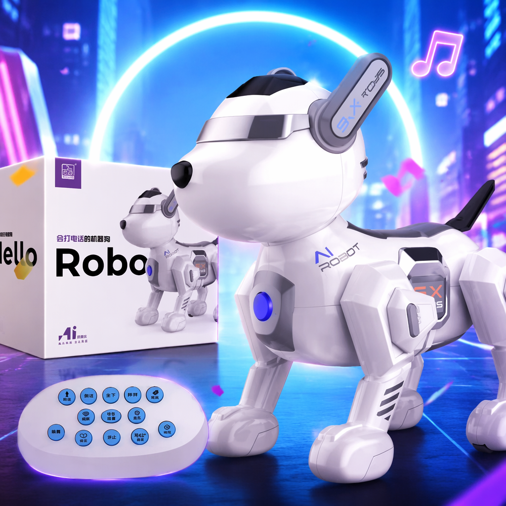 White robot dog, intelligent interactive pet toy, programmable remote control bionic quadruped robot Specification image