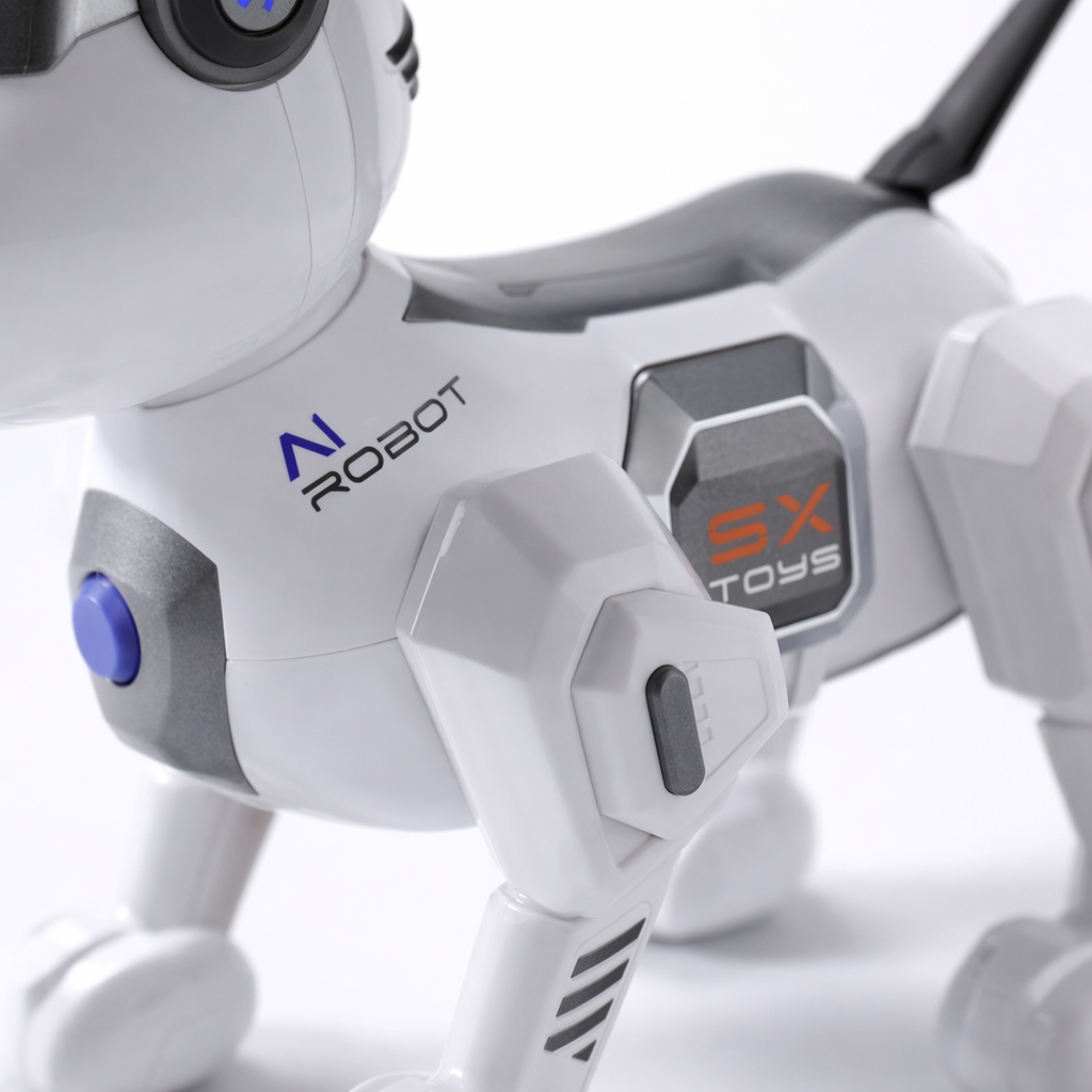 White robot dog, intelligent interactive pet toy, programmable remote control bionic quadruped robot Application Scenario