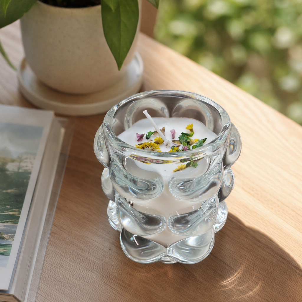 A simple Nordic-style home decoration with a transparent glass candlestick and candle set details Picture