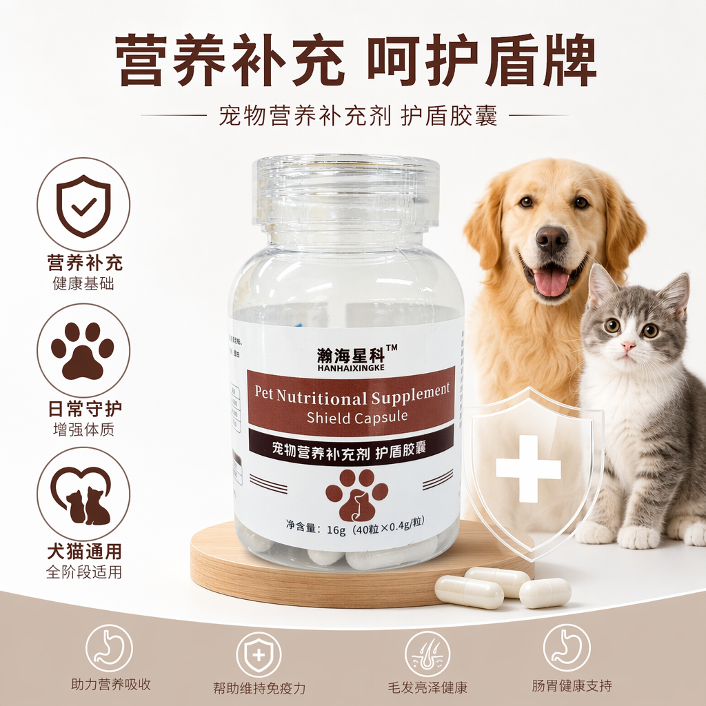 Hanhai Xingke Bottled Pet Nutritional Supplement Shield Capsules with white background, 40 capsules