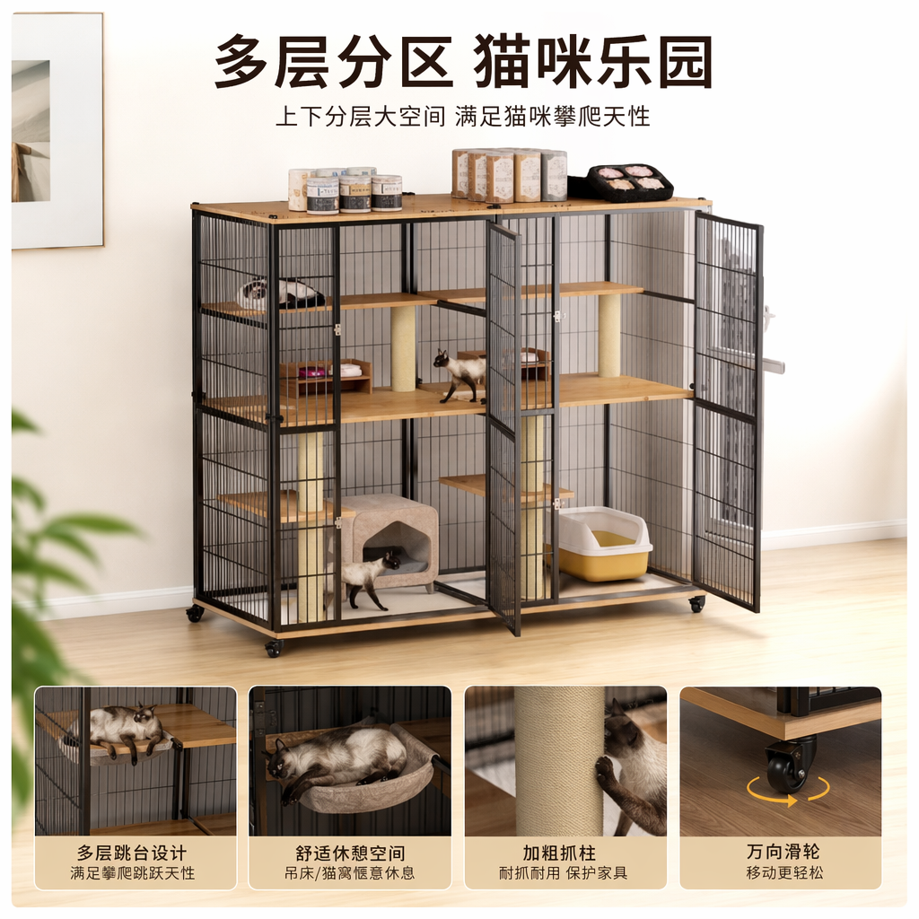 Black metal multi-layer cat activity cage