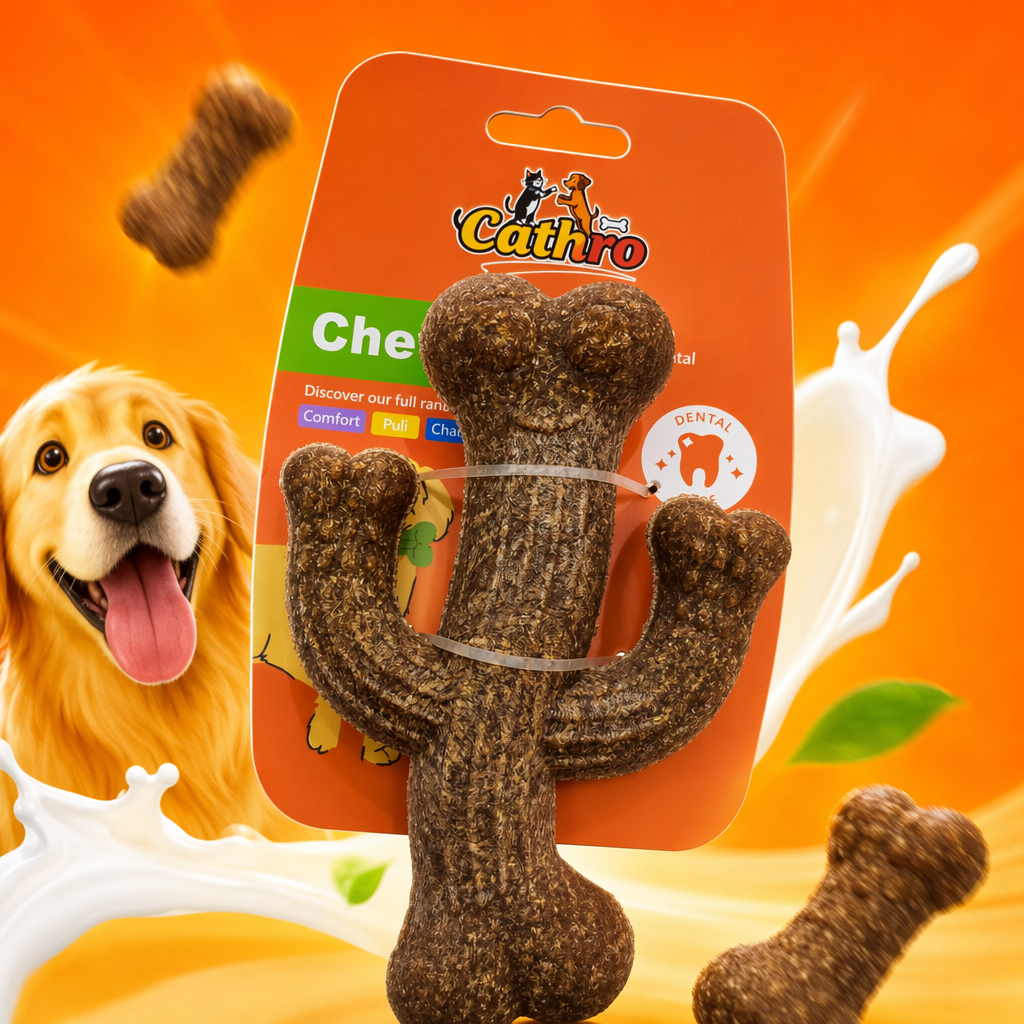Brown card twisted cactus-shaped dog bite gel pet teething toy, durable with added rice material, safe to chew Specification image