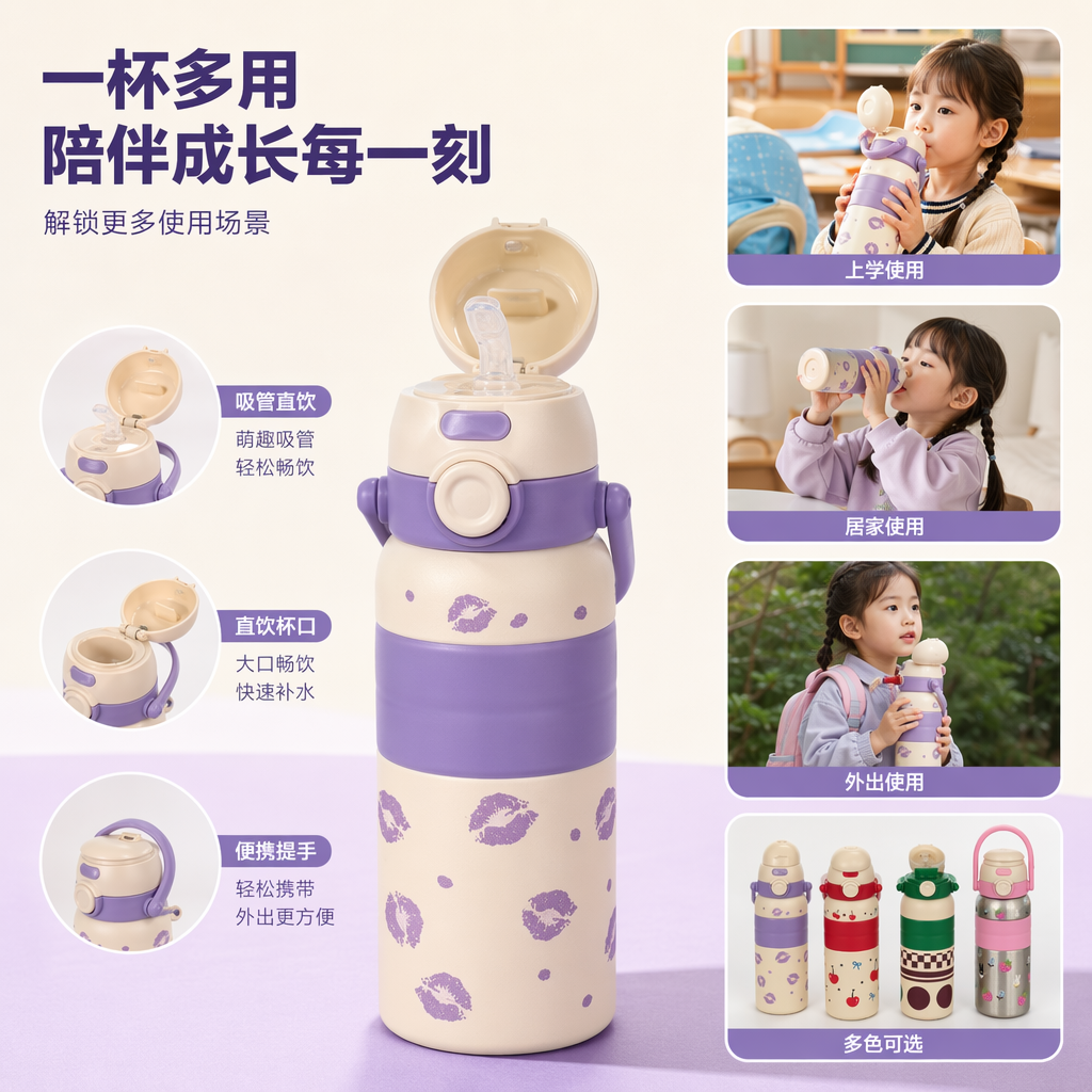 彩色儿童保温水杯 304不锈钢吸管杯便携防漏卡通图案