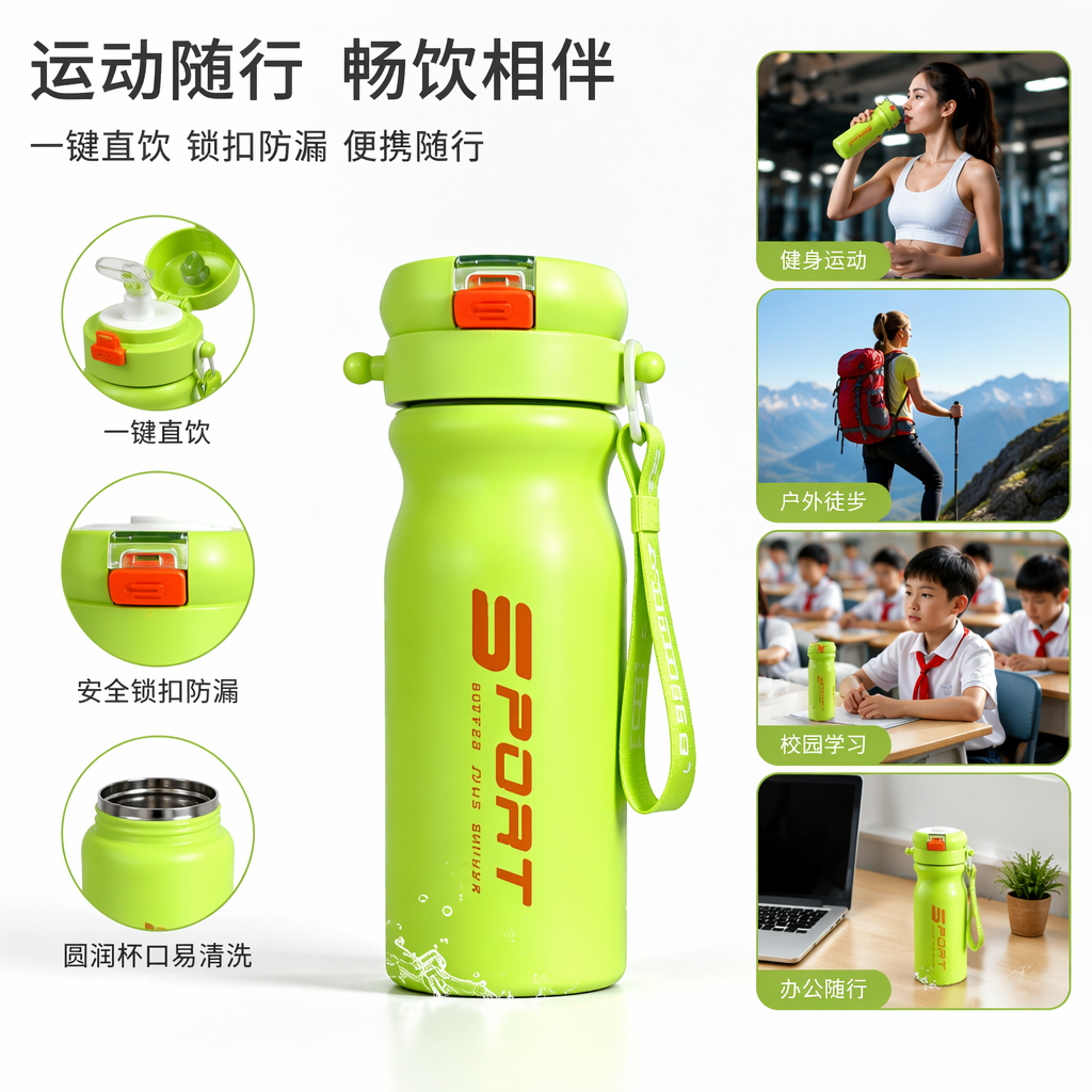 彩色运动水杯304不锈钢700ML喷雾款六色可选绿紫蓝粉黑白