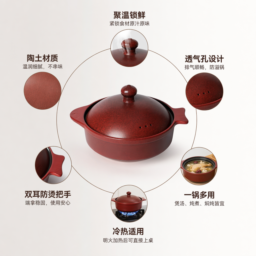 Red earthenware pot with lid, household stewing clay pot, high-temperature resistant ceramic pot