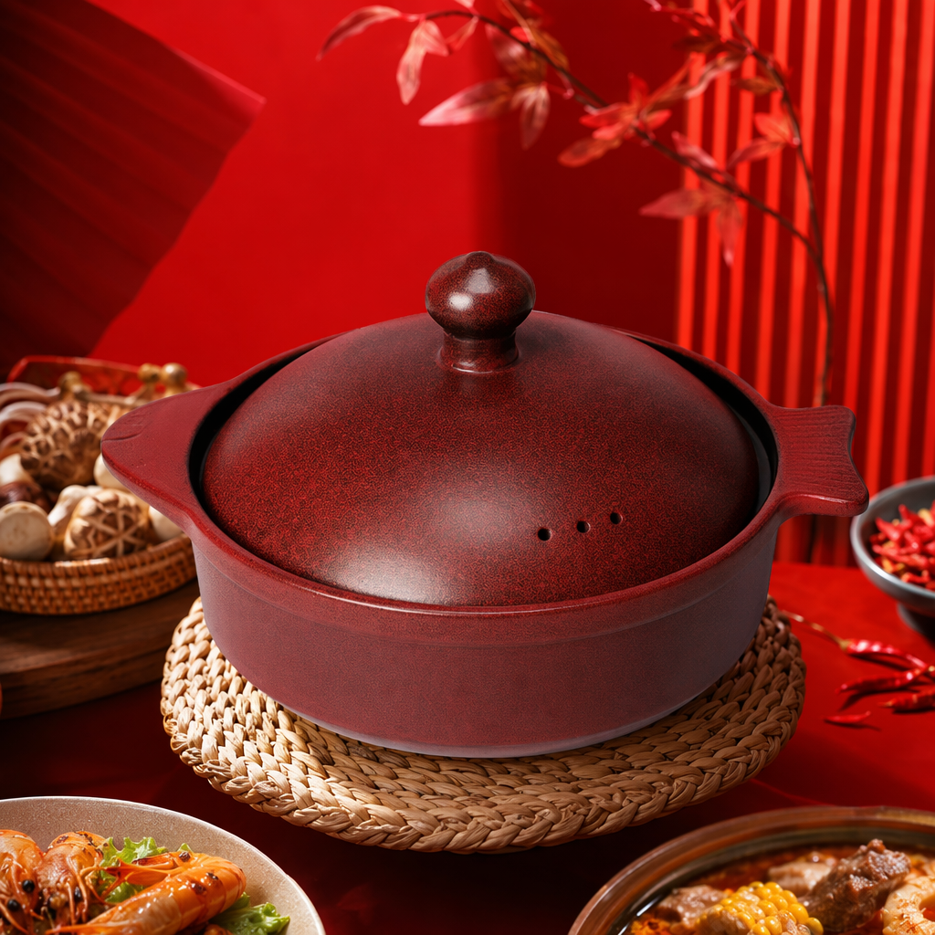 Red earthenware pot with lid, household stewing clay pot, high-temperature resistant ceramic pot Specification image