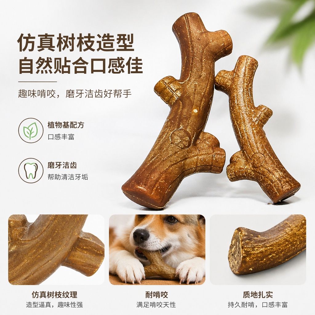弯树枝状狗狗咬胶玩具磨牙洁齿造型逼真趣味性强添加大米材质放心啃咬