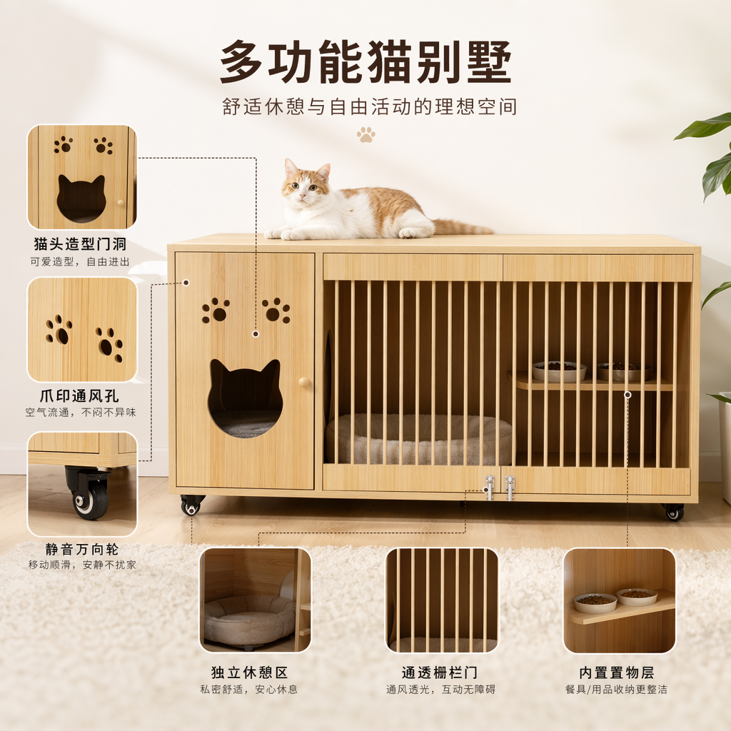 The light wood-colored pet cage cabinet is a multi-functional storage device for cats and dogs with drawers that can be moved