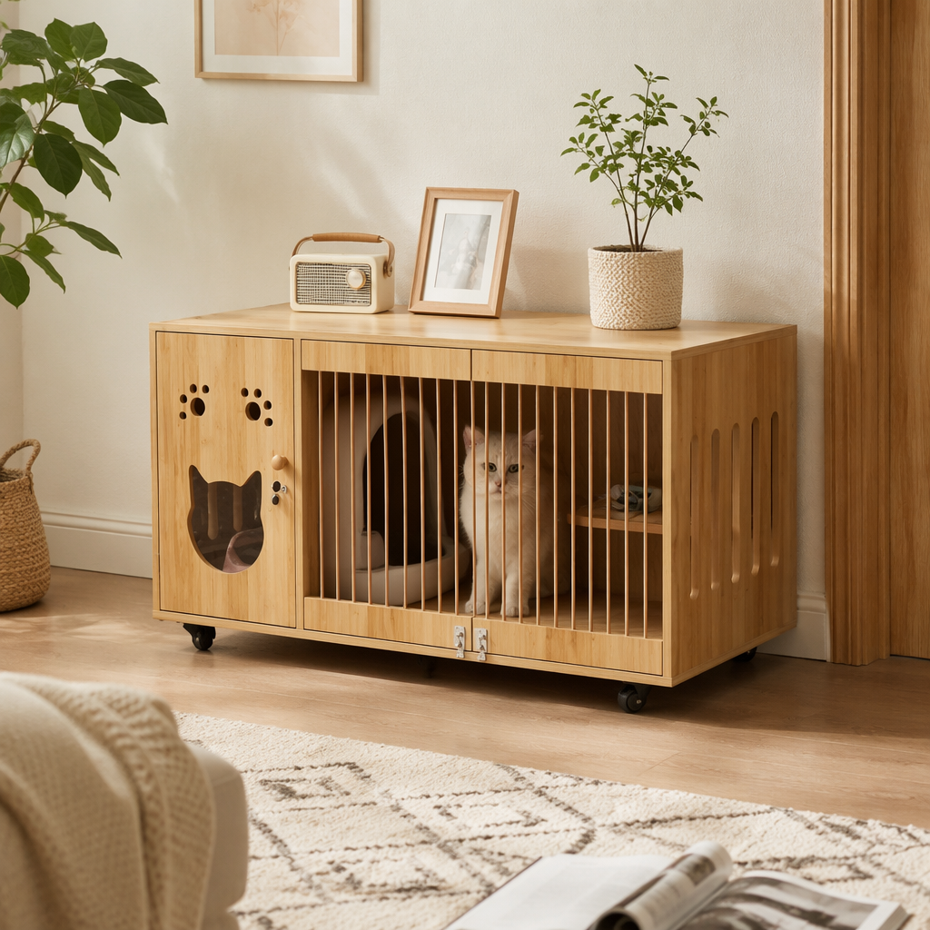 The light wood-colored pet cage cabinet is a multi-functional storage device for cats and dogs with drawers that can be moved details Picture