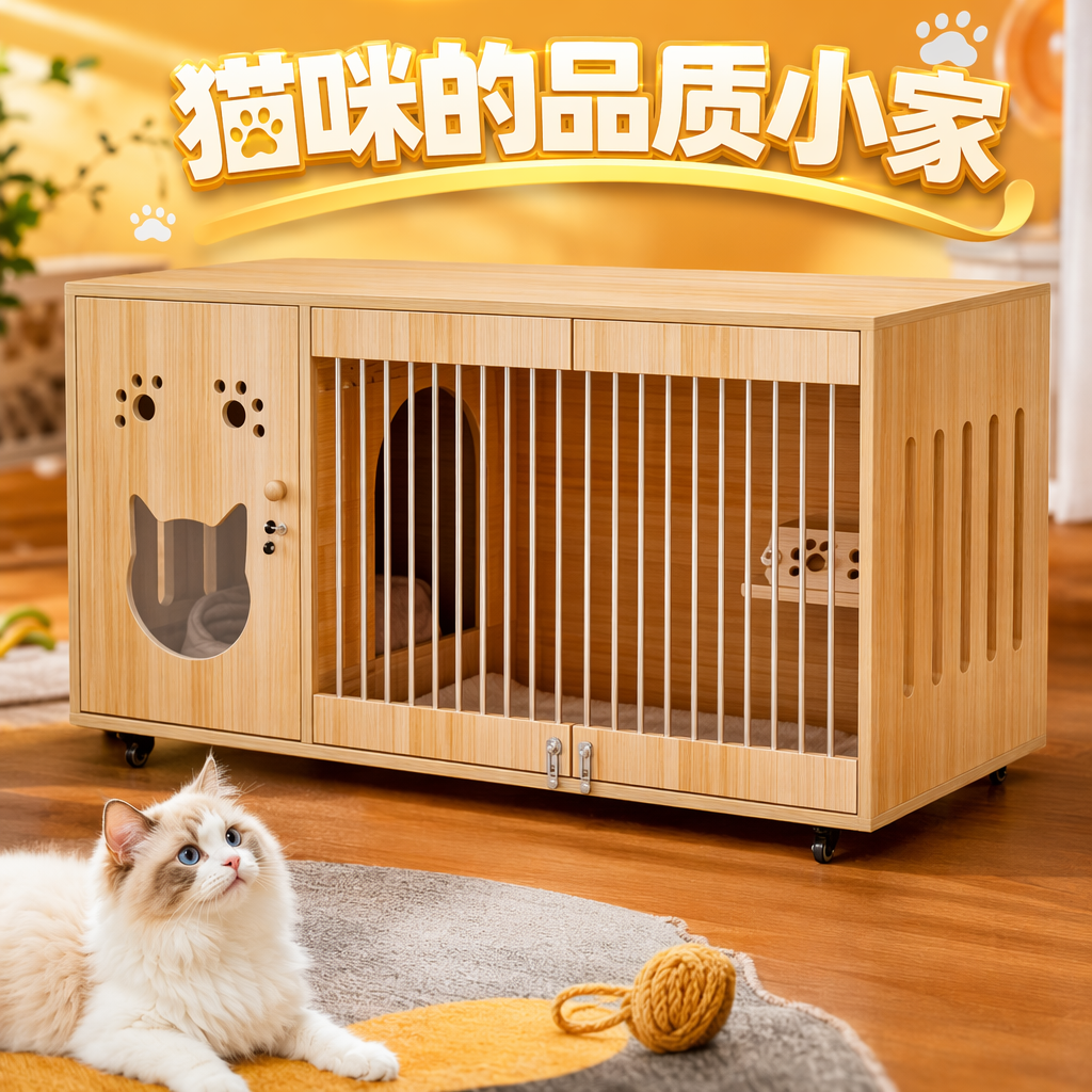 The light wood-colored pet cage cabinet is a multi-functional storage device for cats and dogs with drawers that can be moved Specification image