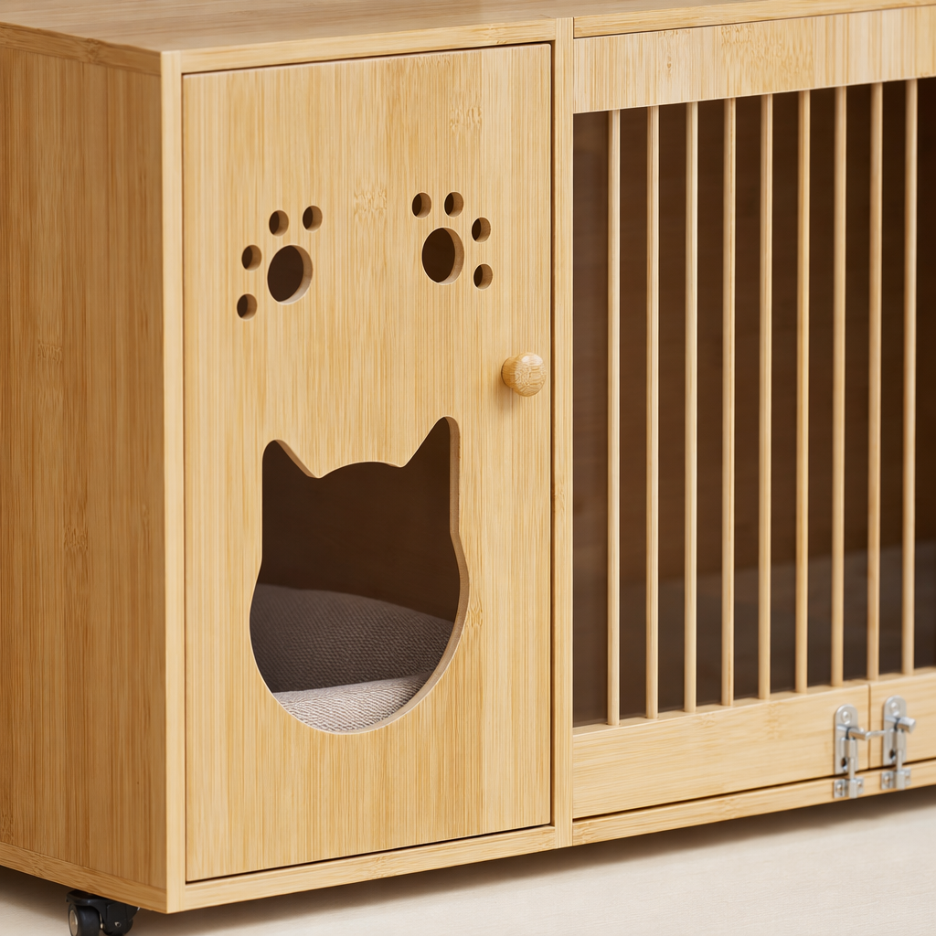The light wood-colored pet cage cabinet is a multi-functional storage device for cats and dogs with drawers that can be moved Application Scenario