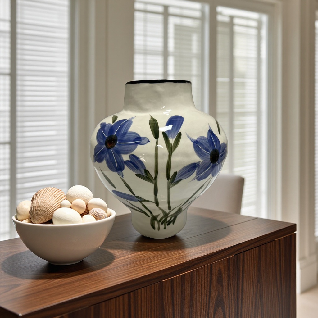 Jarrón de cerámica blanca pintado a mano azul arreglo de flores decoración de sala de estar Specification image