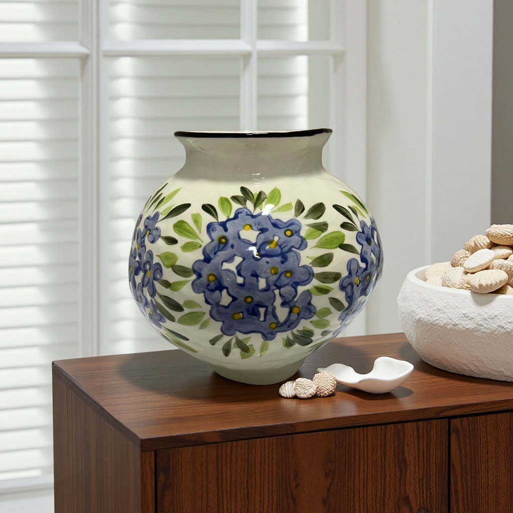 Jarrón de cerámica blanca pintado a mano azul arreglo de flores decoración de sala de estar details Picture