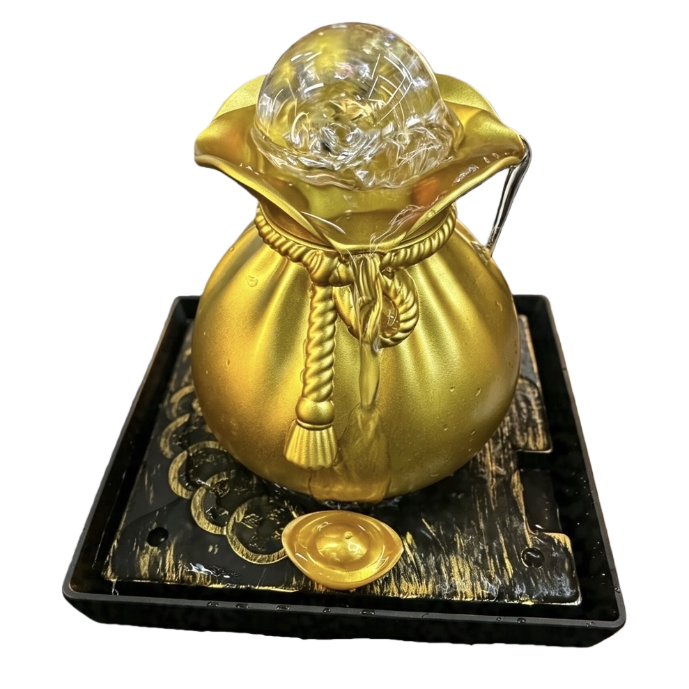 Golden money bag, flowing water brings wealth, crystal ball, living room front desk circulating water, auspicious handicrafts Item Picture