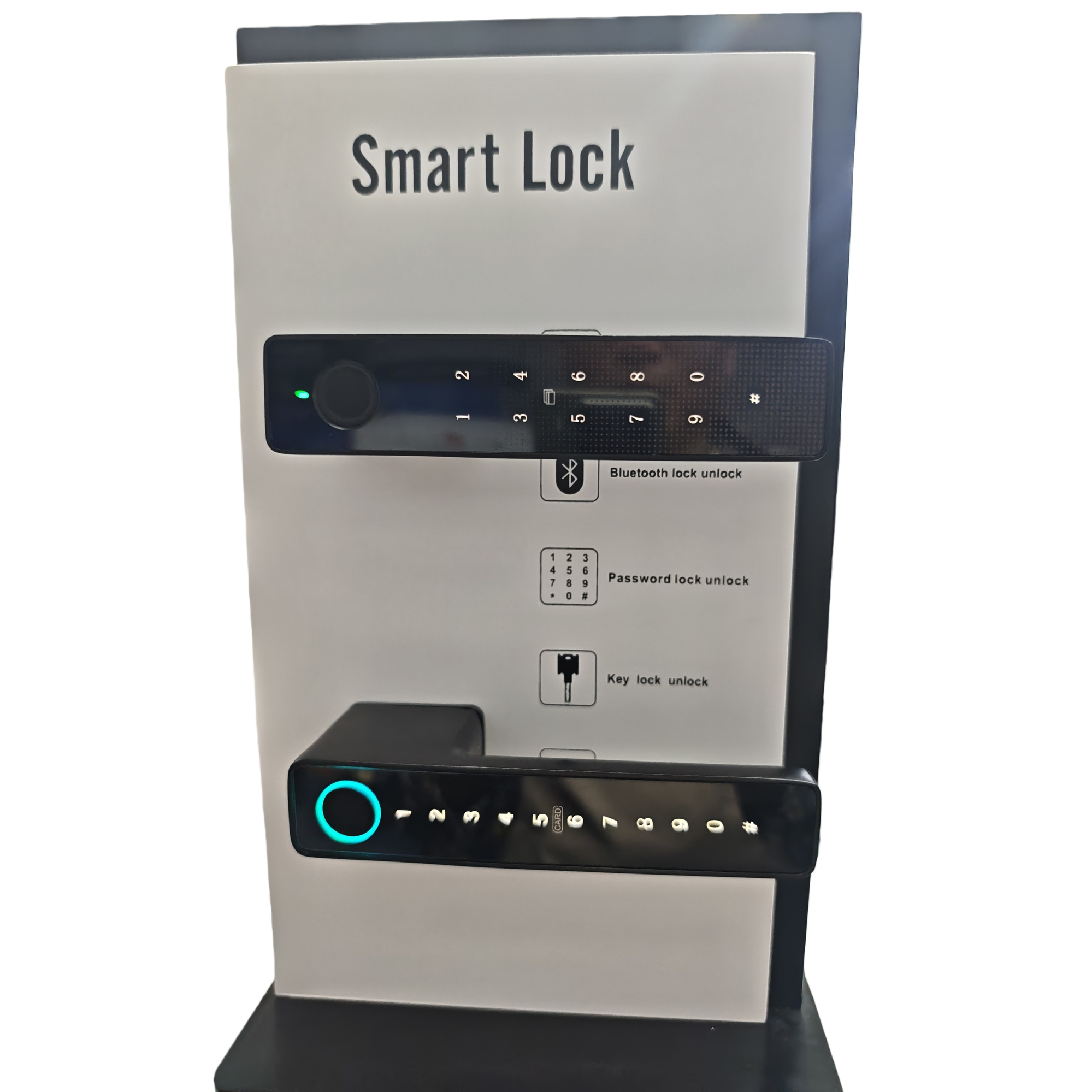 The black smart door lock display board includes a numeric keypad and indicator lights Item Picture