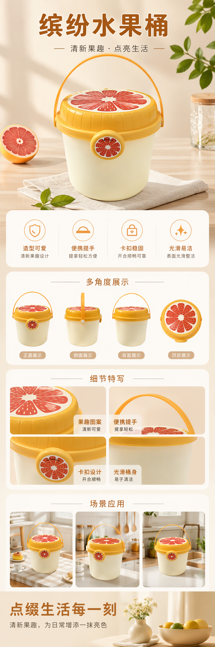 黄色橙子图案塑料桶 家用储物桶 防尘密封桶详情1