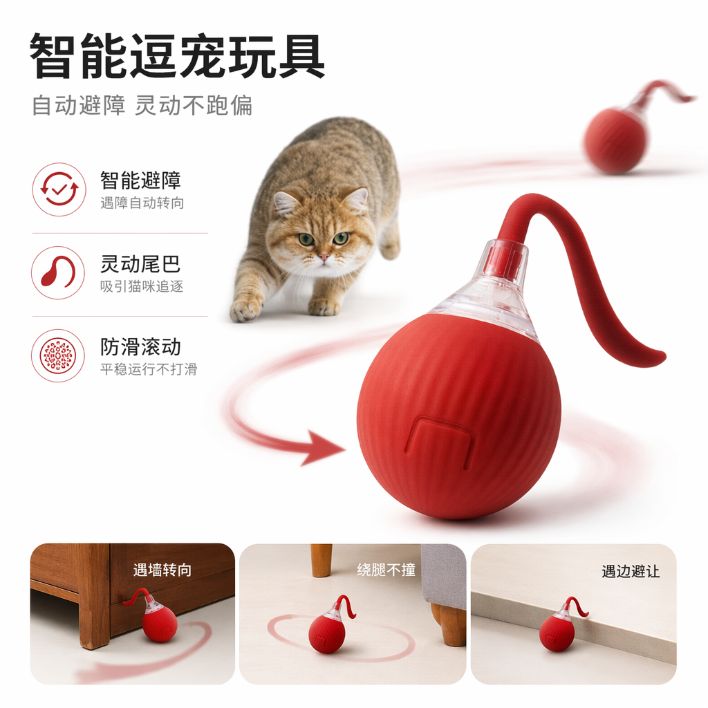红色自动猫球玩具 逗猫神器宠物互动玩具静音滚珠猫咪自嗨