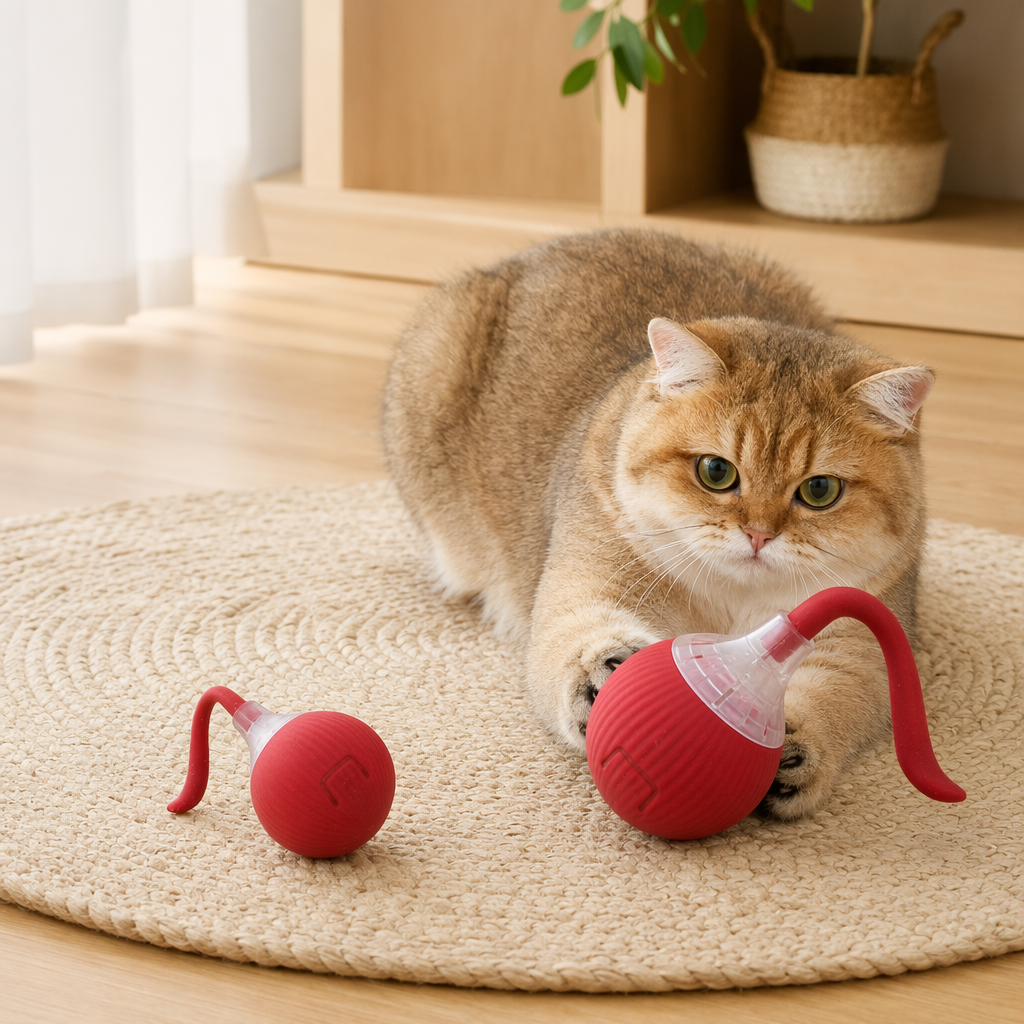 Red automatic cat ball toy, a perfect cat teasing tool, a pet interactive toy, a silent ball ball cat, self-entertaining details Picture