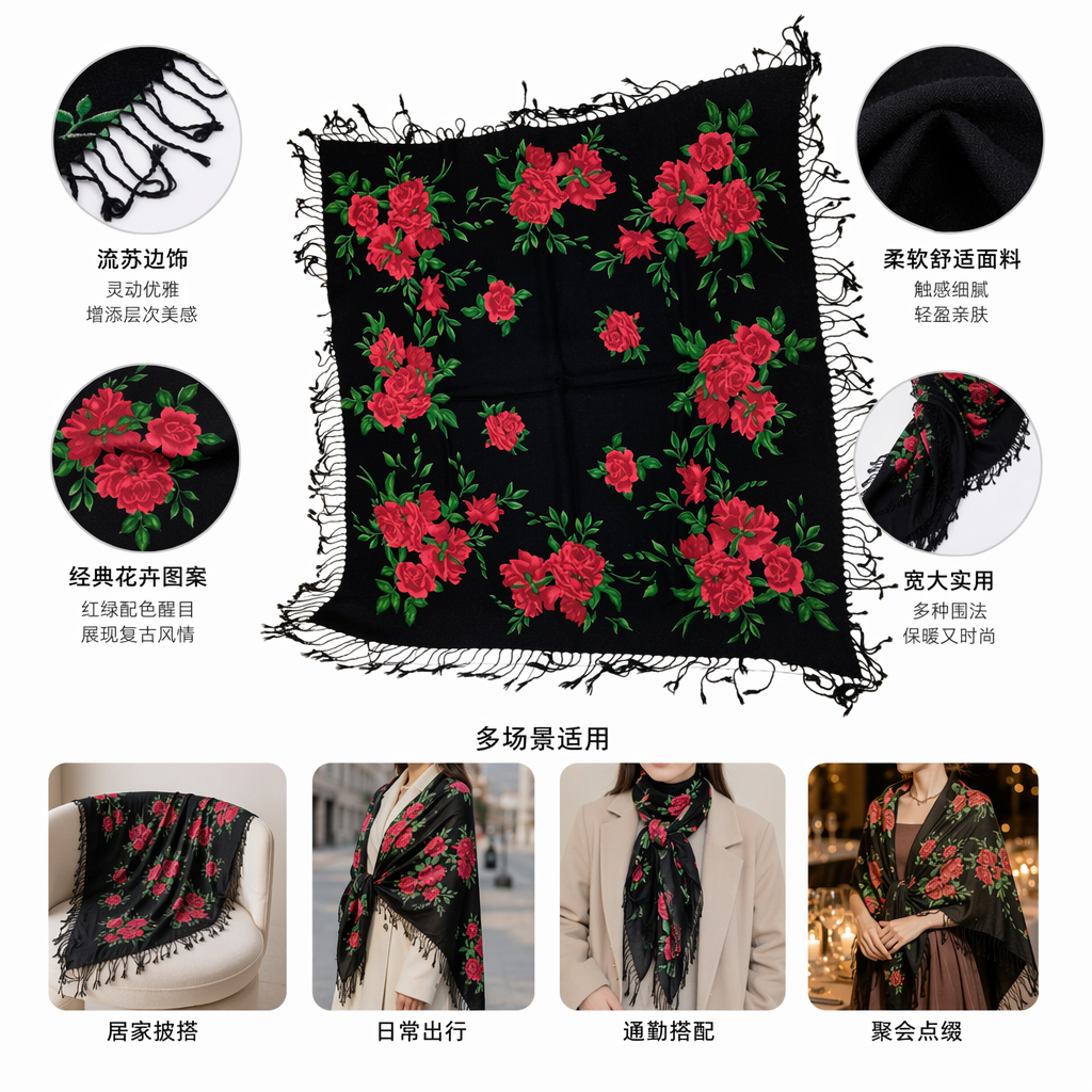 黑色底红色玫瑰花图案围巾 时尚保暖纯棉针织女士秋冬配饰