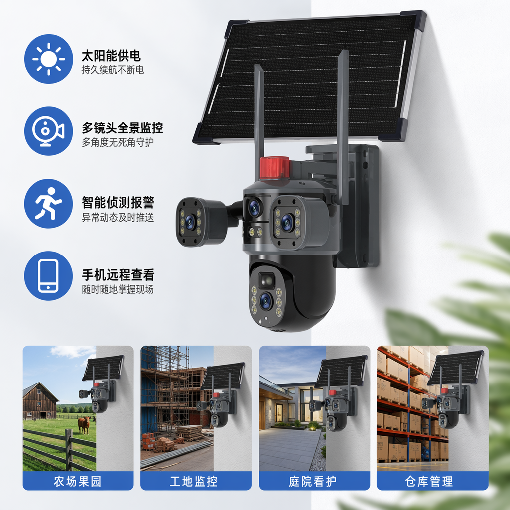Black solar-powered surveillance camera, outdoor wide-angle high-definition night vision, IP66 rainproof