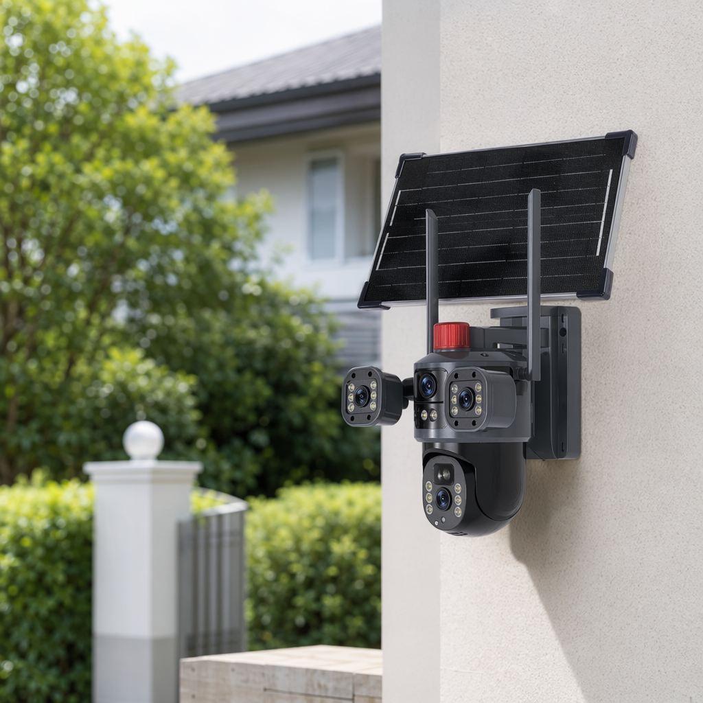 Black solar-powered surveillance camera, outdoor wide-angle high-definition night vision, IP66 rainproof details Picture