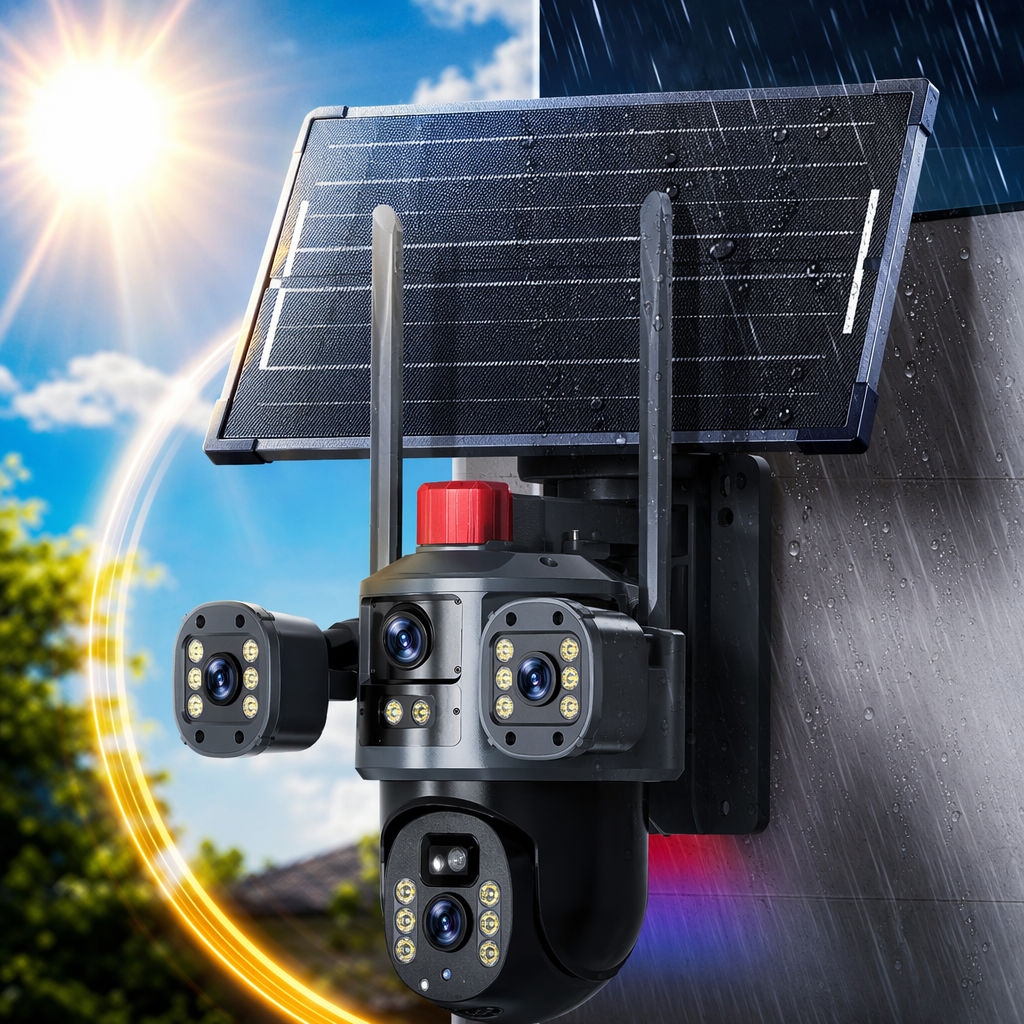 Black solar-powered surveillance camera, outdoor wide-angle high-definition night vision, IP66 rainproof Specification image
