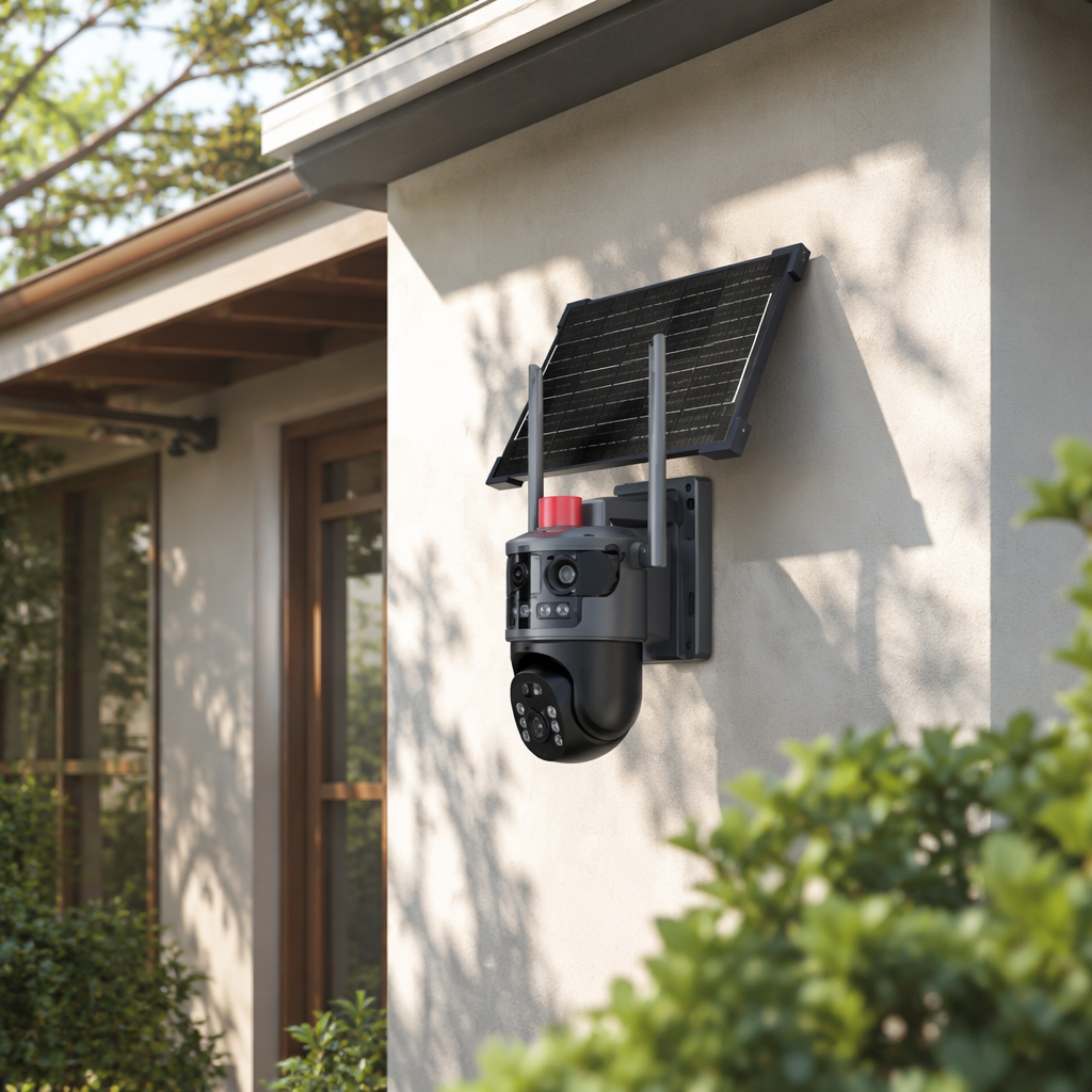 Black solar-powered surveillance camera with outdoor wide-angle, IP66 rainproof and ultra-long standby time details Picture