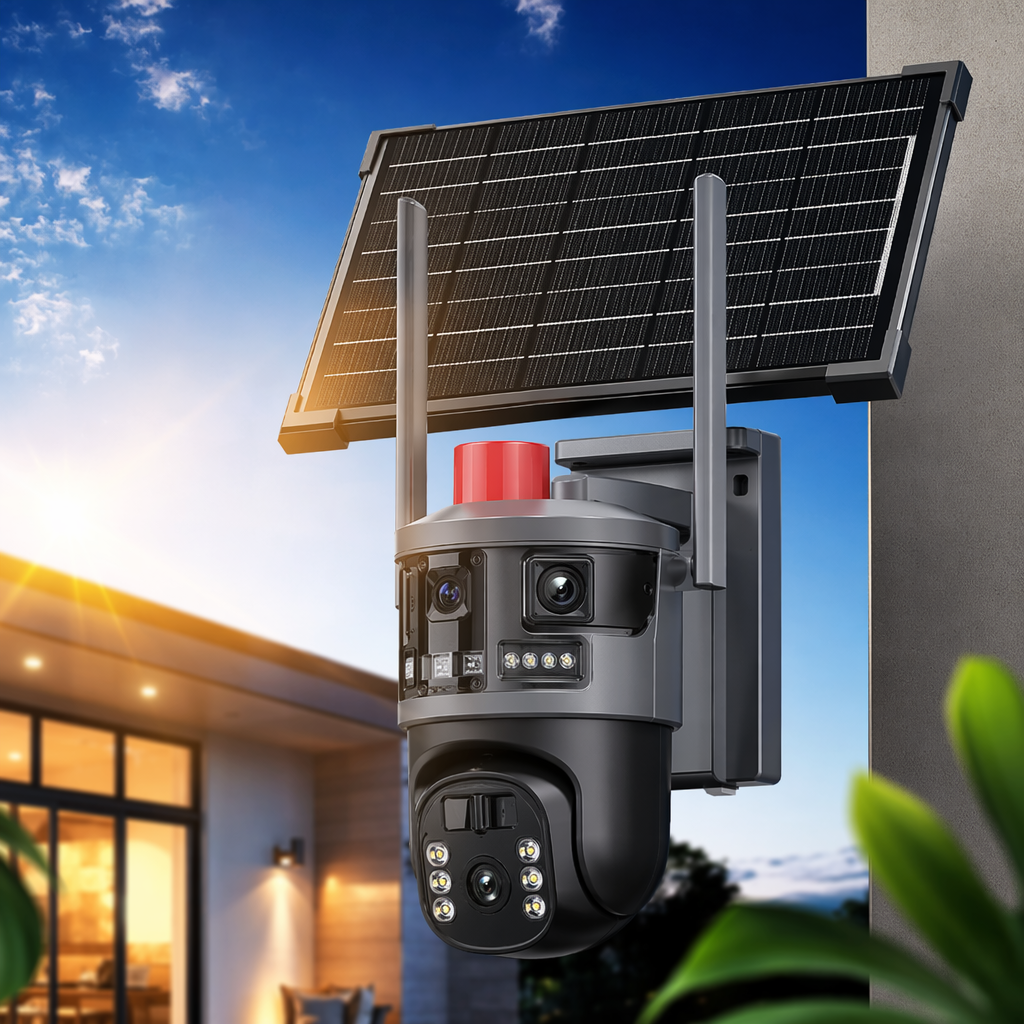 Black solar-powered surveillance camera with outdoor wide-angle, IP66 rainproof and ultra-long standby time Specification image
