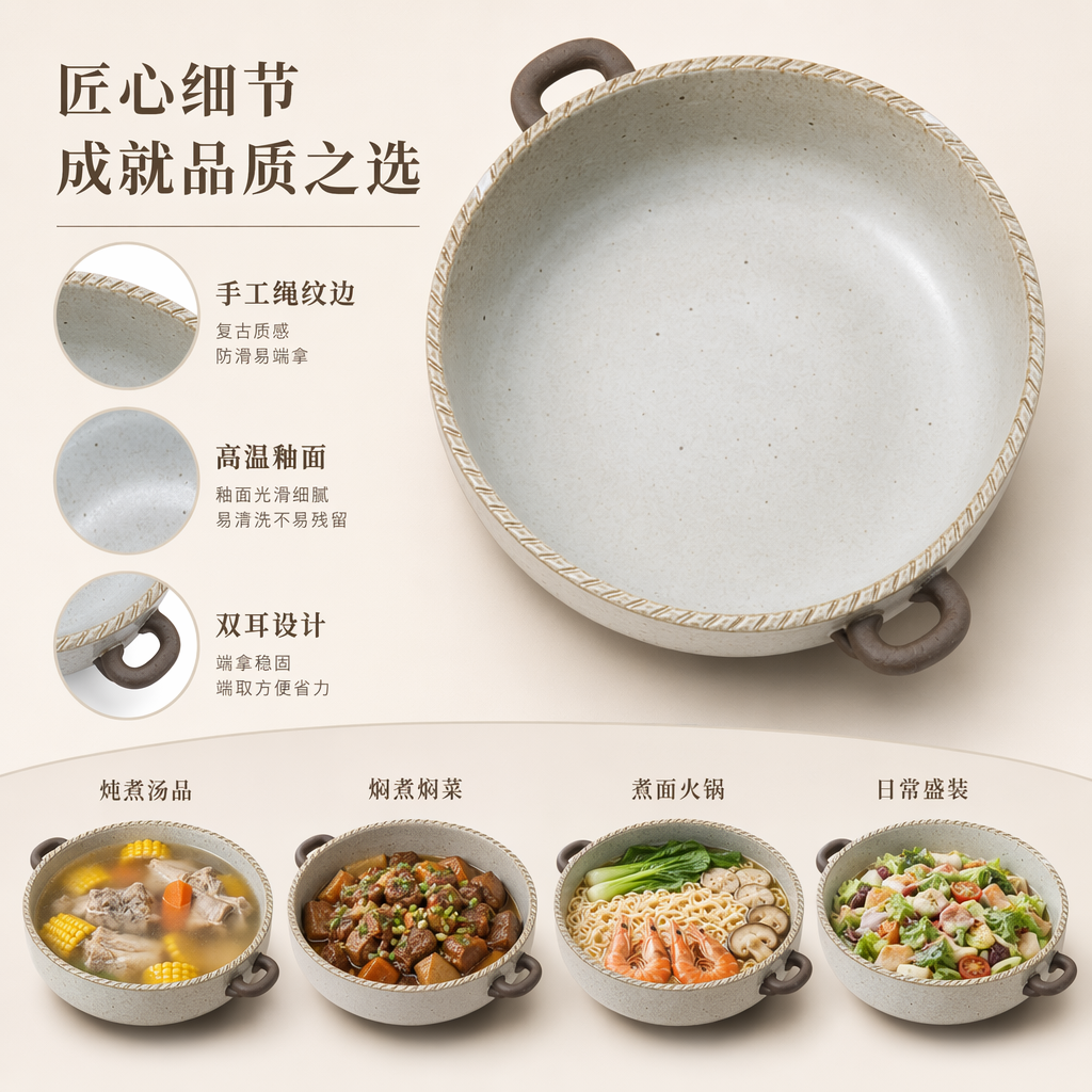 米白色带斑点陶瓷碗双耳设计家用盛饭汤碗