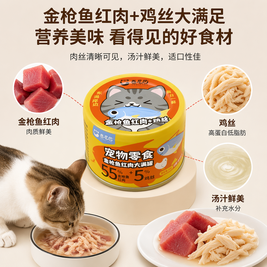 黄色罐装宠物零食 金枪鱼红肉加鸡丝 宠物食品
