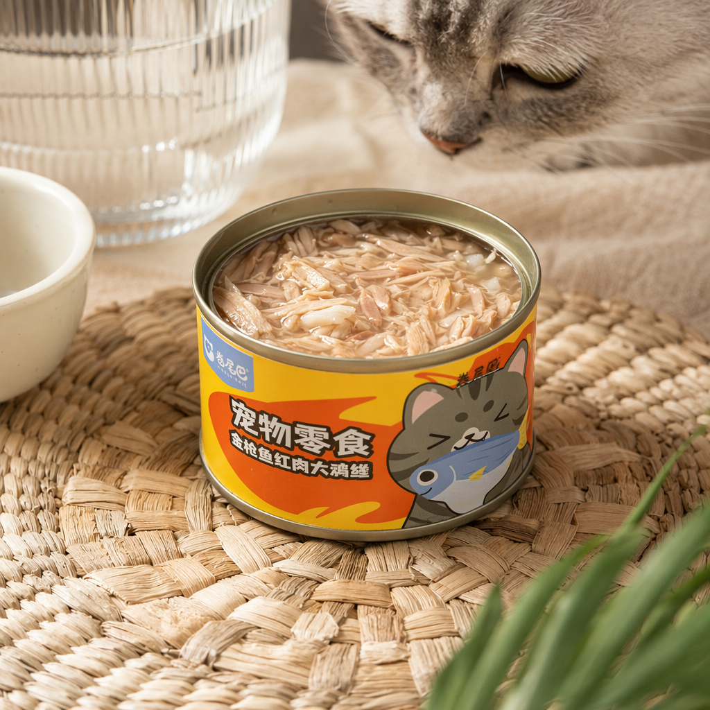 Yellow canned pet snacks: tuna, red meat and shredded chicken. Pet food details Picture