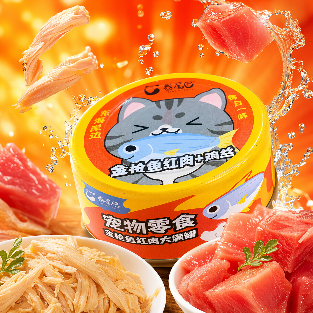 Yellow canned pet snacks: tuna, red meat and shredded chicken. Pet food Specification image