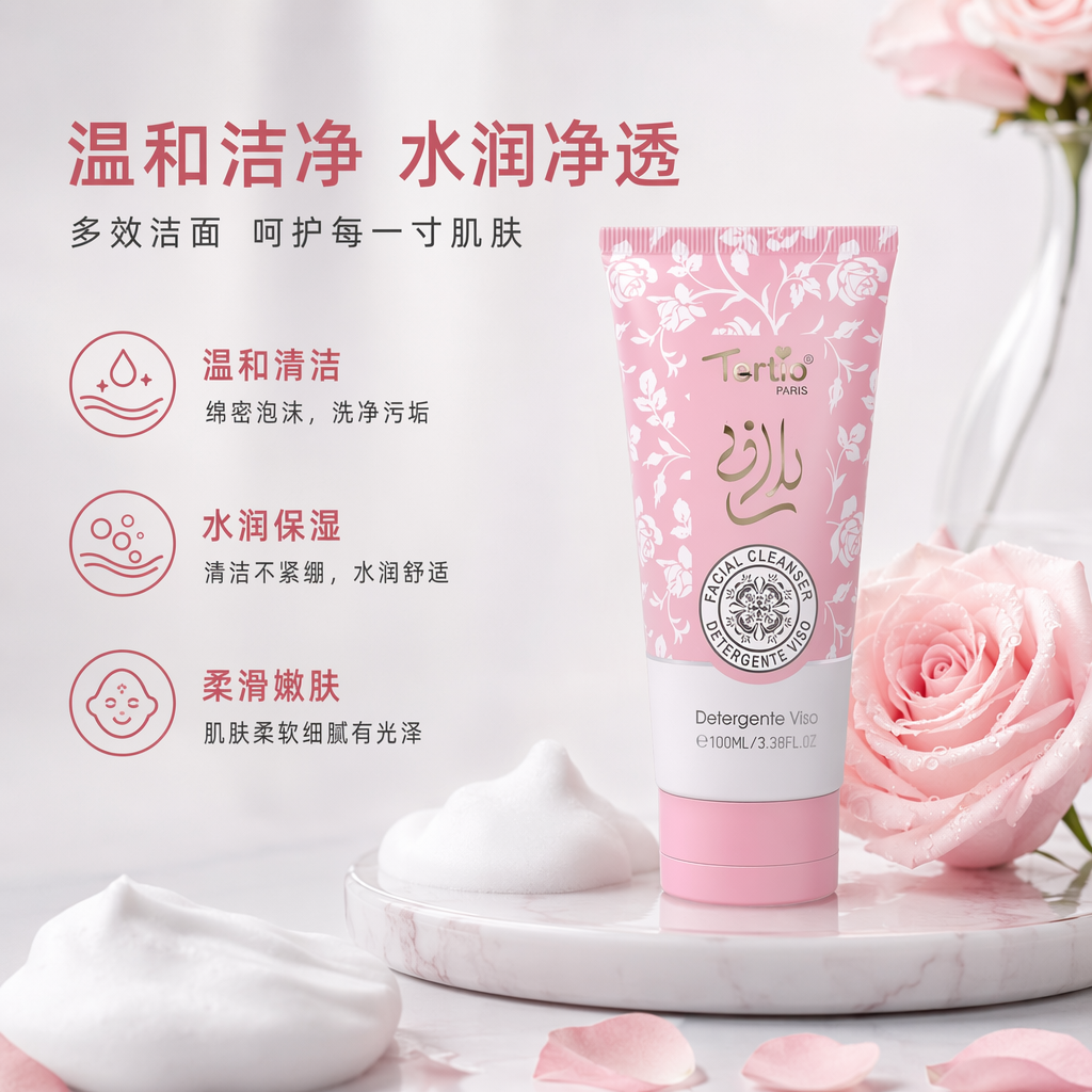 粉色包装面部洁面乳温和清洁保湿净肤泡沫型