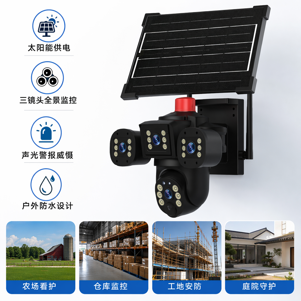 Black solar-powered surveillance camera with outdoor wide-angle 1080P wireless charging for long battery life
