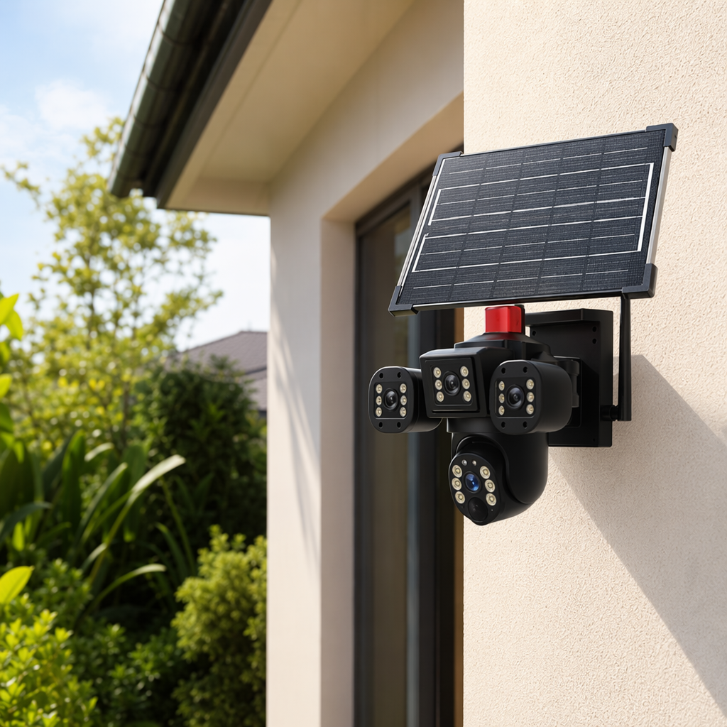 Black solar-powered surveillance camera with outdoor wide-angle 1080P wireless charging for long battery life details Picture