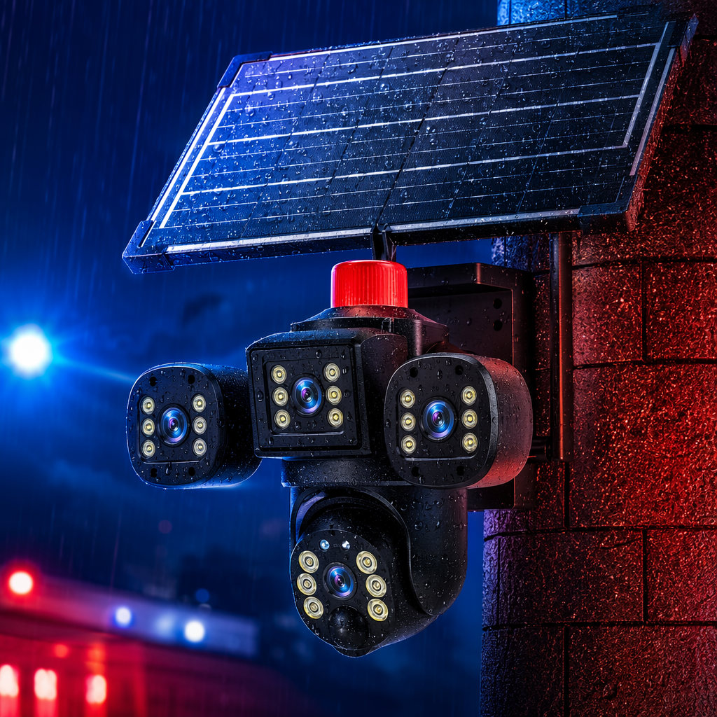 Black solar-powered surveillance camera with outdoor wide-angle 1080P wireless charging for long battery life Specification image