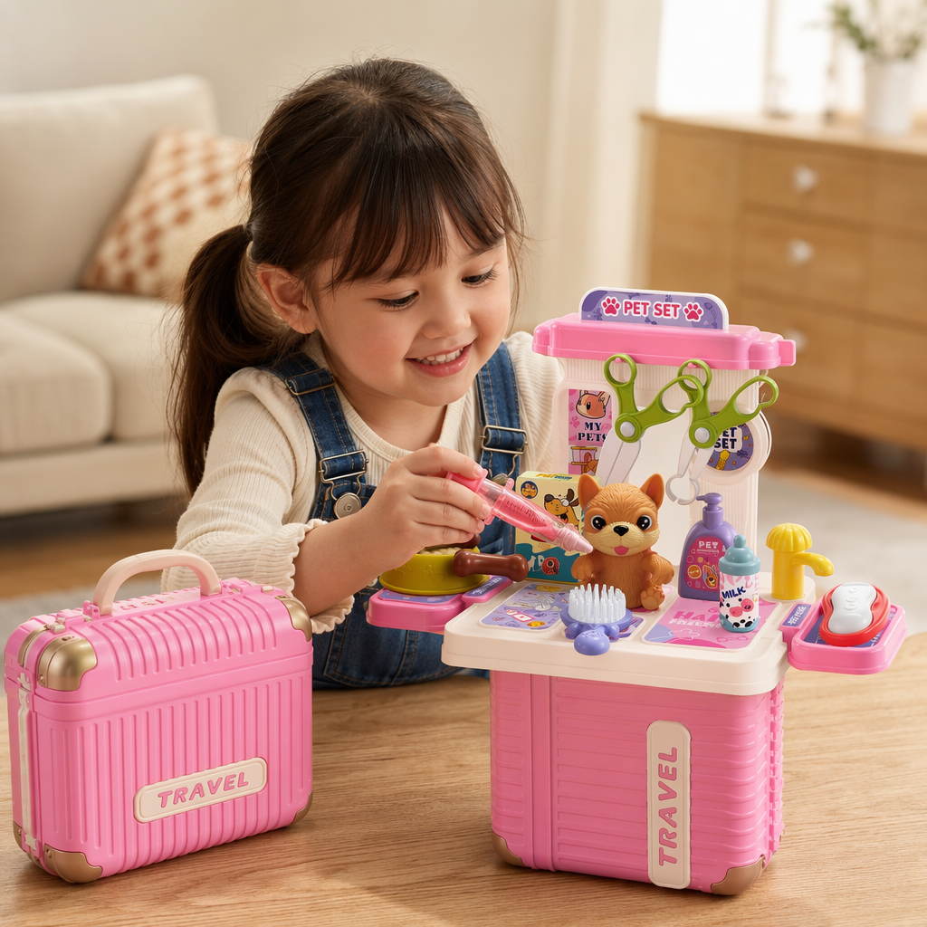 Pink portable suitcase toy set children's educational role-playing storage box details Picture