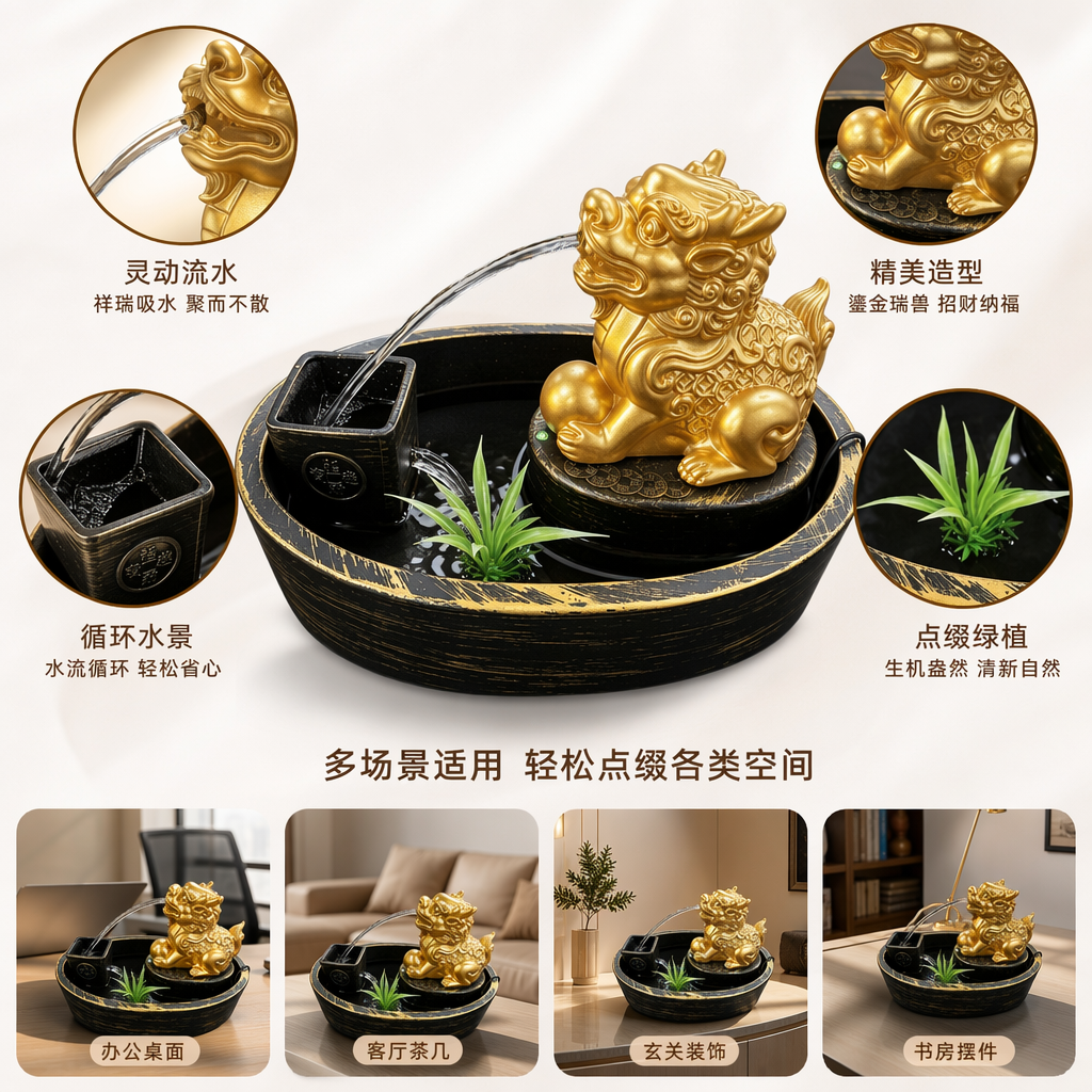 金色貔貅流水摆件循环水景玄关前台招财装饰开业送礼工艺品