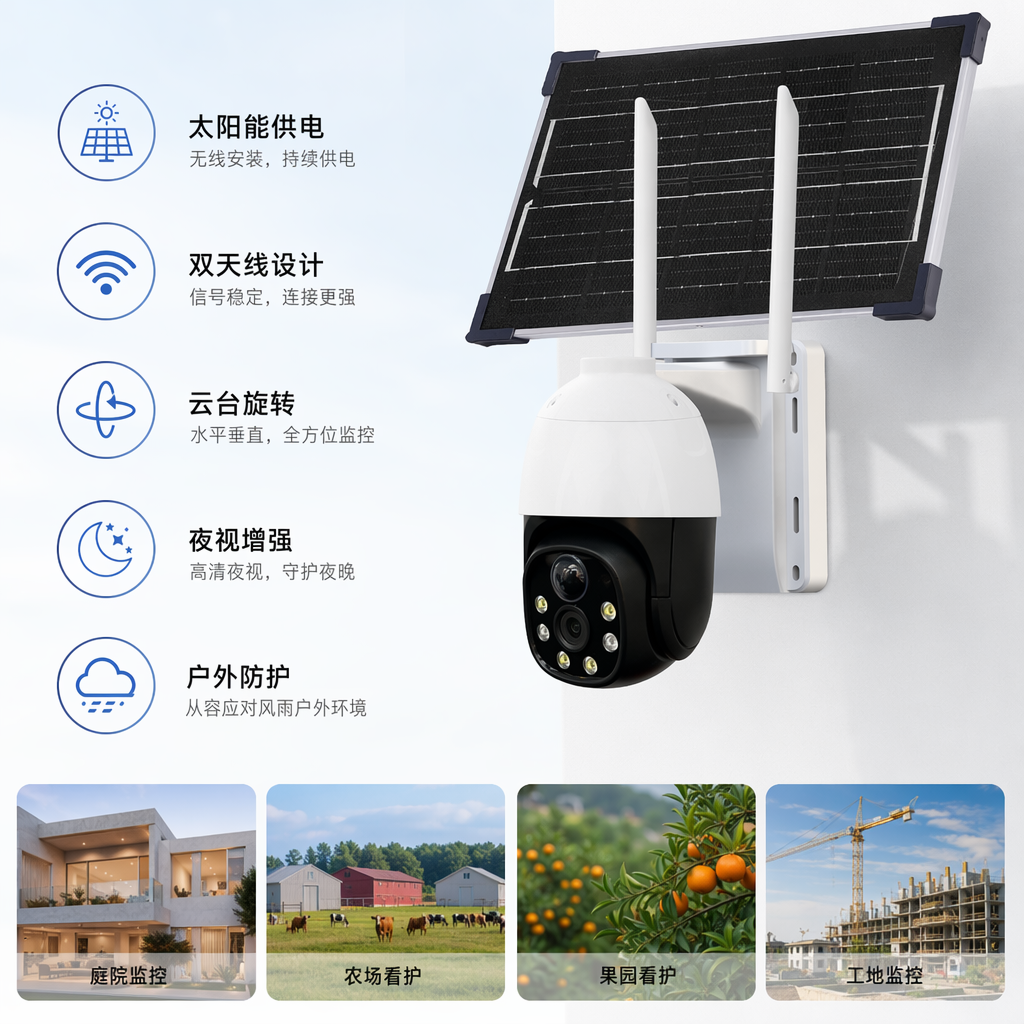 White solar-powered surveillance camera, outdoor waterproof, wireless, high-definition night vision 1080P