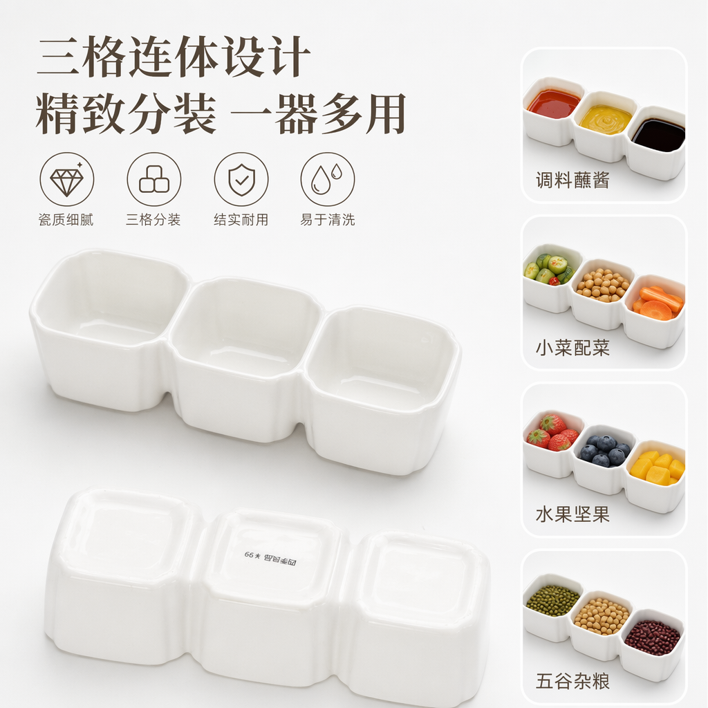 白色三格分隔小碟陶瓷简约家用餐盘厨房收纳碟